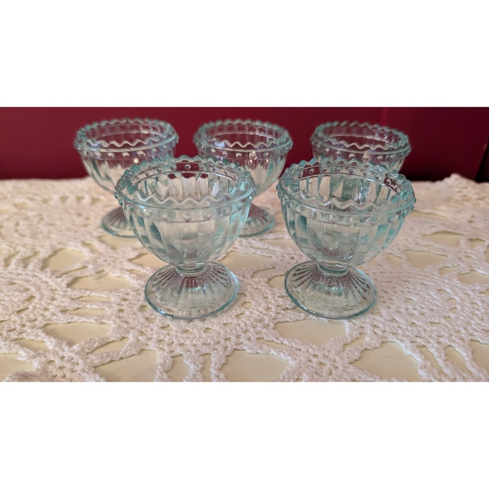 Set of 5 Blue Glass Easter Breakfast Egg Cups, depression style, Excellent Lot